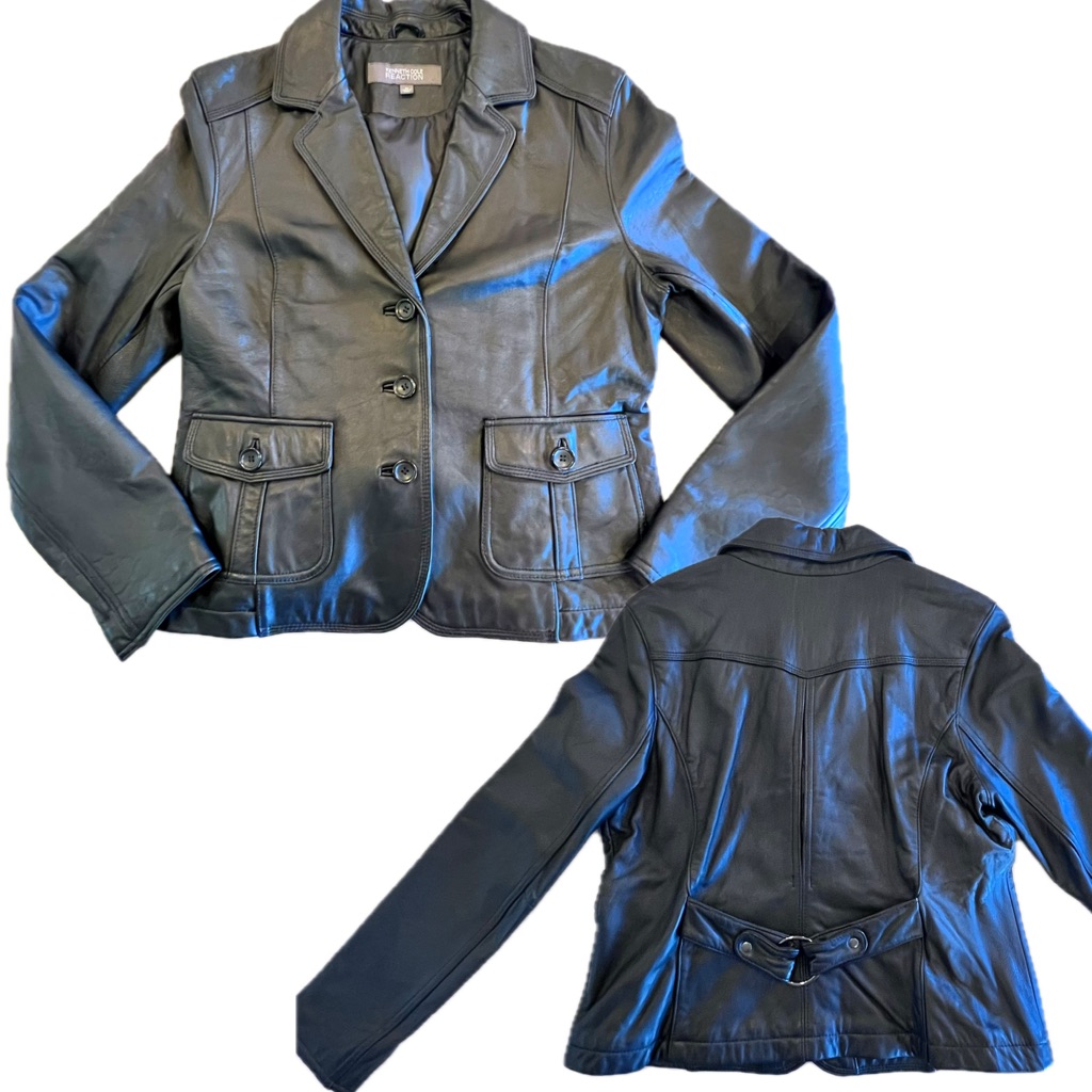 Kenneth Cole Reaction Black Leather Women’s Jacket Sz Xl Back Buckle Detail